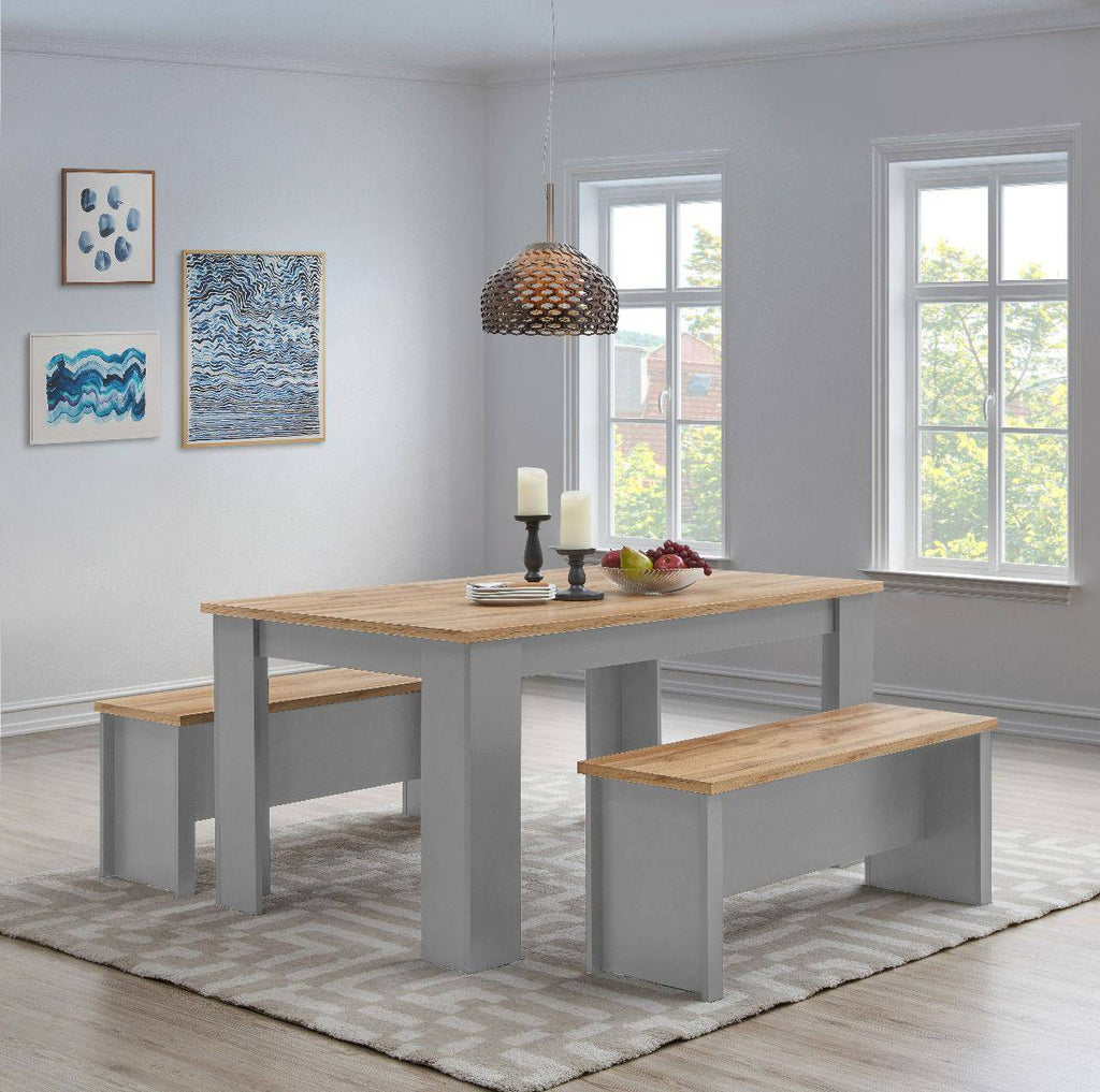 Lisbon 3 piece dining set: 150cm table, 2 benches Grey - Price Crash Furniture