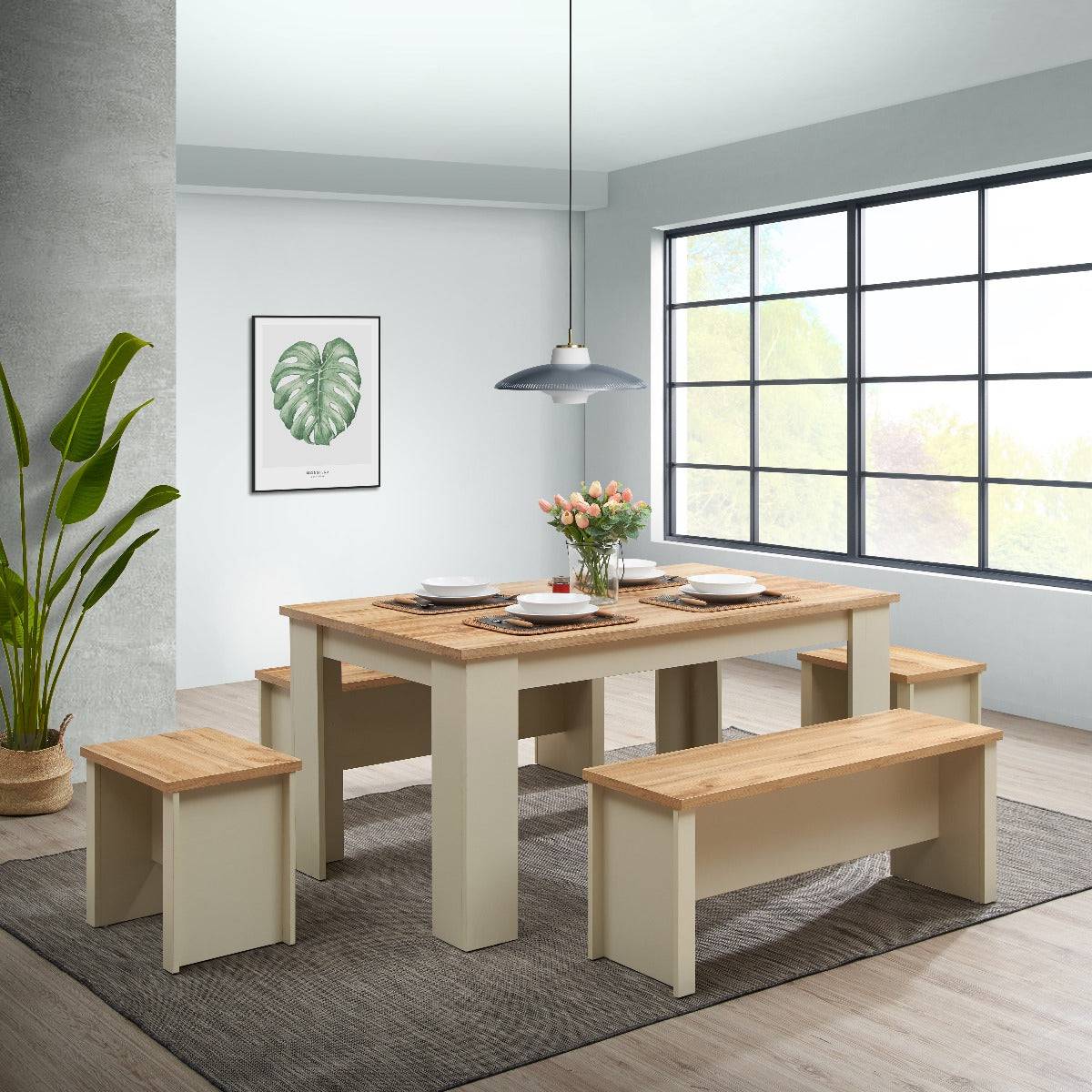 Lisbon 5 piece dining set: 120cm table, 2 benches, 2 stools - Price Crash Furniture