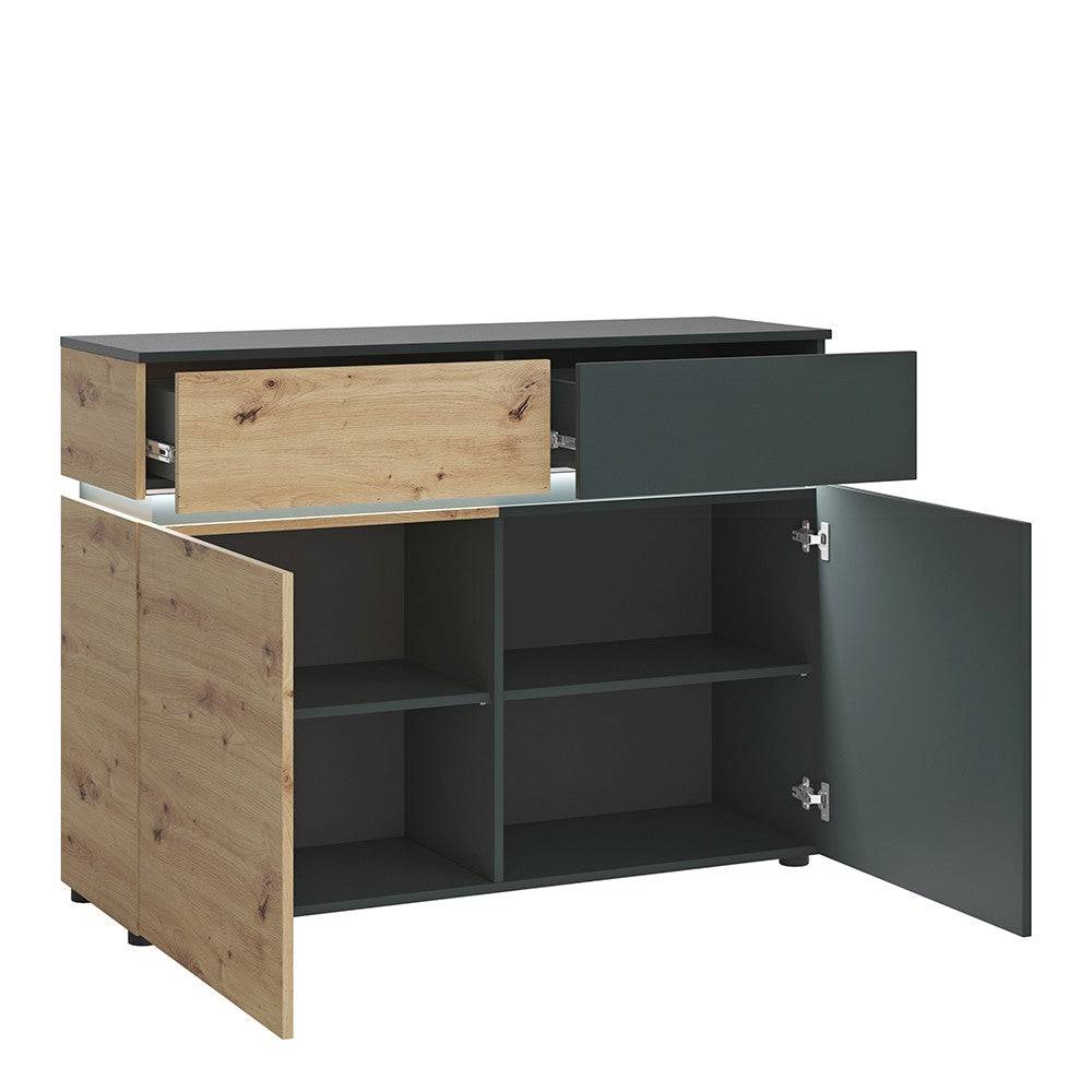 Luci 2 Door 2 Drawer Compact Sideboard (including LED lighting) In Platinum And Oak - Price Crash Furniture