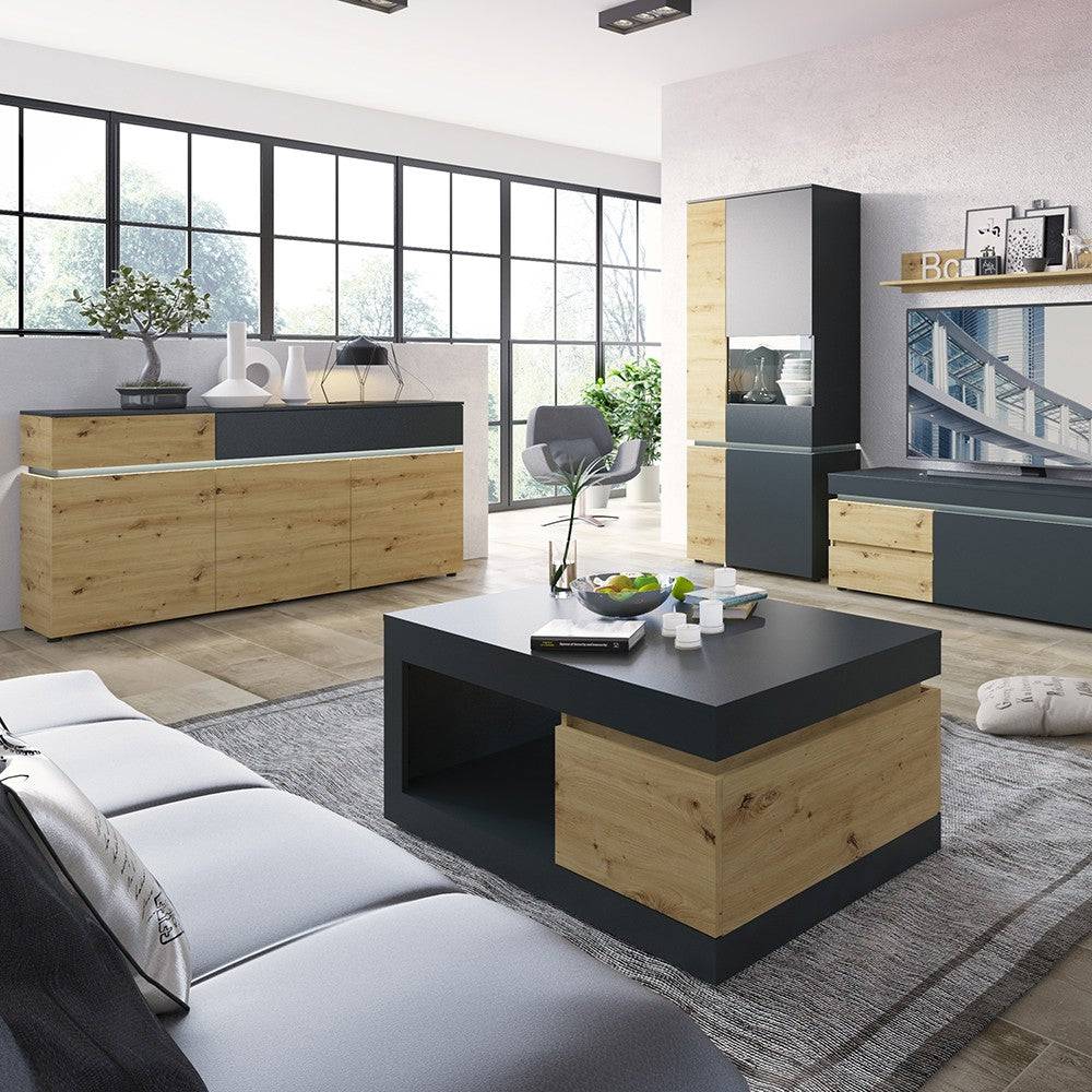 Luci 2 Door 2 Drawer Compact Sideboard (including LED lighting) In Platinum And Oak - Price Crash Furniture