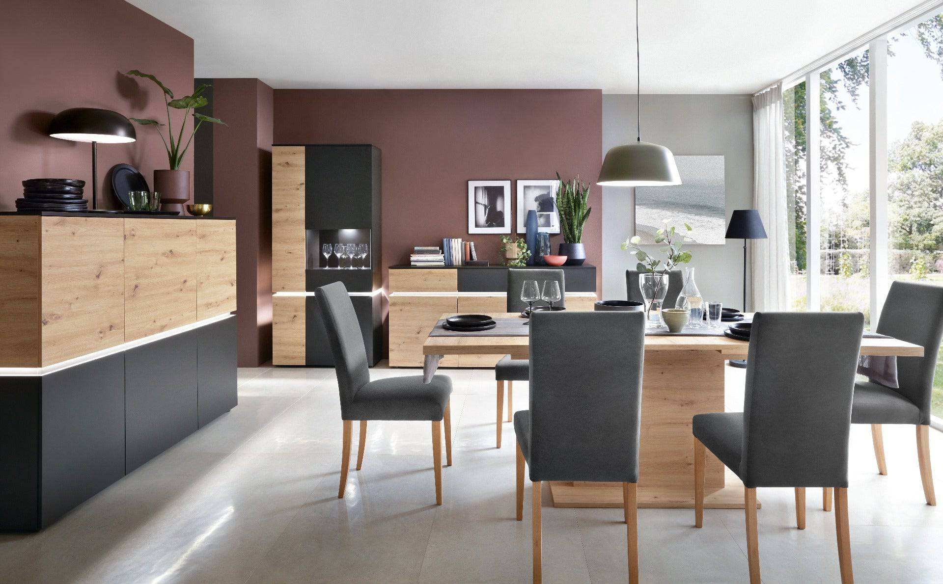 Luci 6 Door Tall Cabinet Sideboard (including LED lighting) in Platinum and Oak - Price Crash Furniture