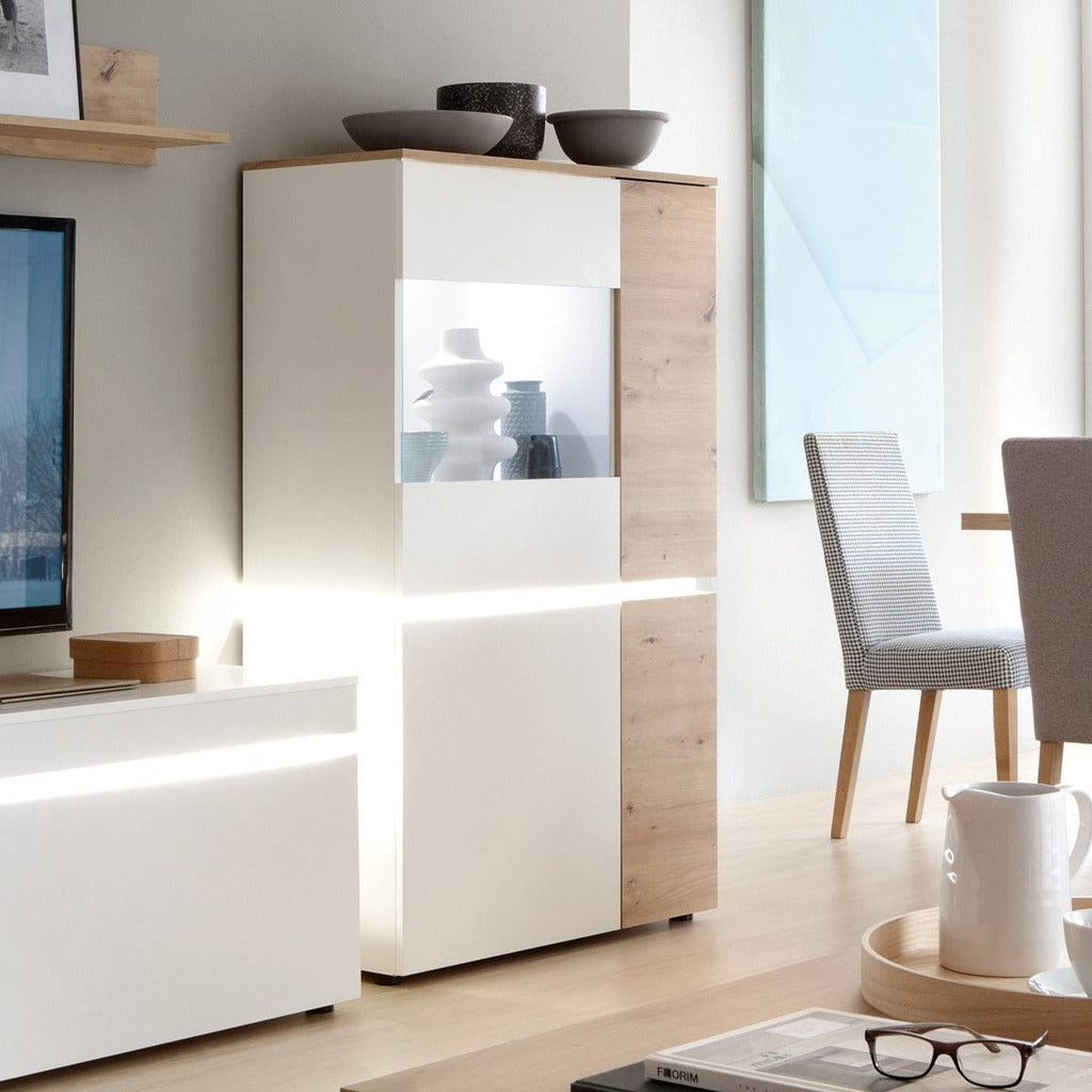 Luci 4 Door Low Display Cabinet Unit (including LED lighting) in White and Oak - Price Crash Furniture