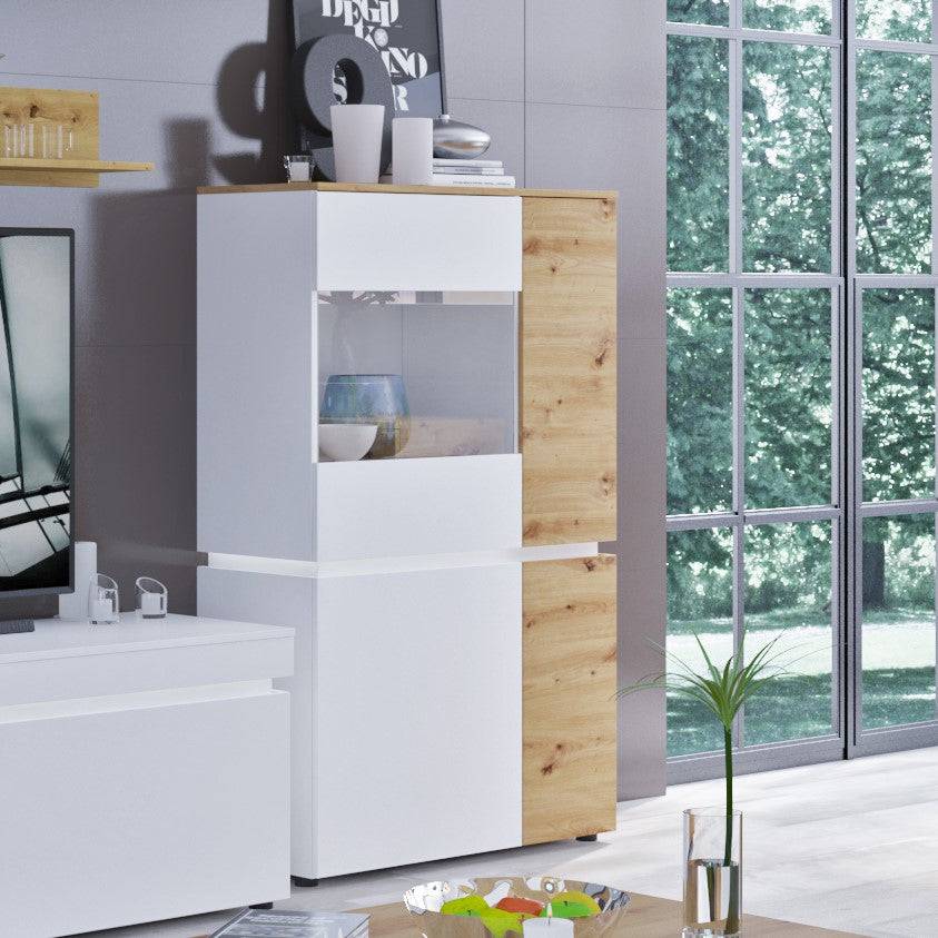 Luci 4 Door Low Display Cabinet Unit (including LED lighting) in White and Oak - Price Crash Furniture