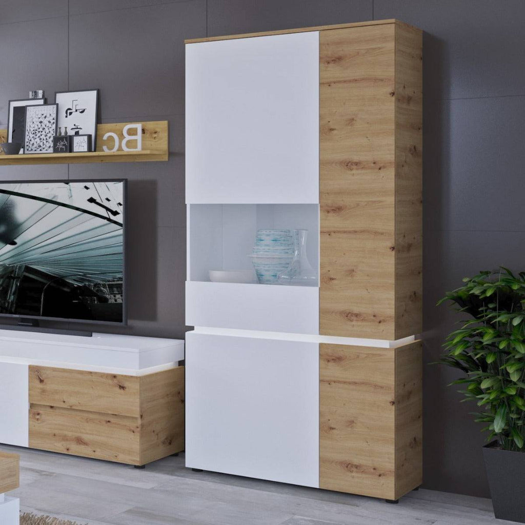 Luci 4 Door Tall Display Cabinet LH (including LED lighting) in White and Oak - Price Crash Furniture