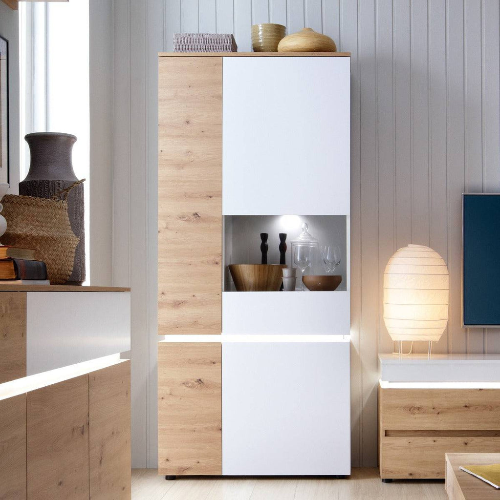 Luci 4 Door Tall Display Cabinet RH (including LED lighting) in White and Oak - Price Crash Furniture