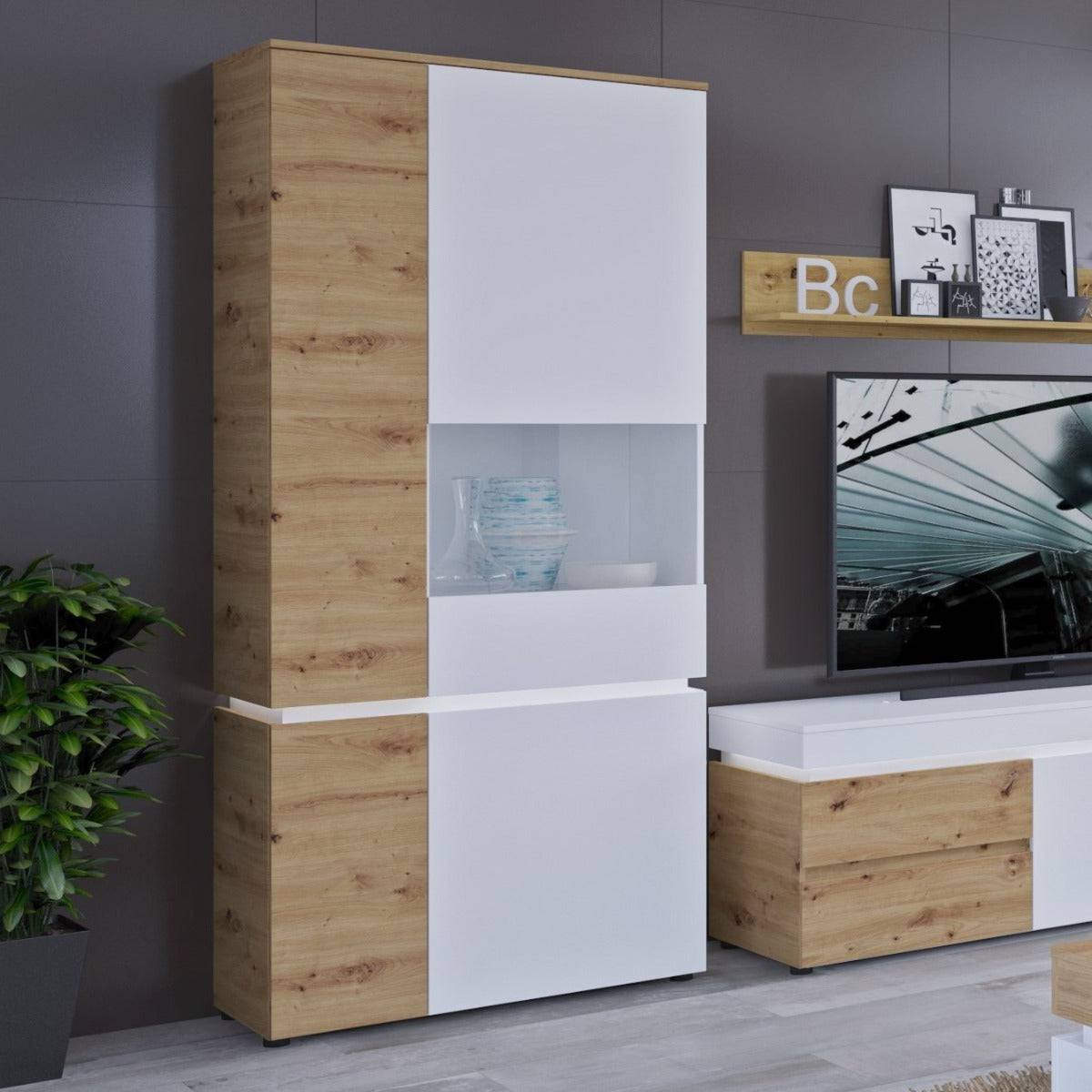 Luci 4 Door Tall Display Cabinet RH (including LED lighting) in White and Oak - Price Crash Furniture