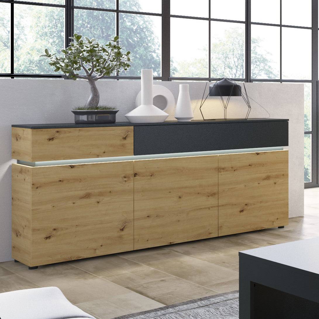 Luci Large 3 Door 2 Drawer Sideboard (including LED lighting) in Platinum and Oak - Price Crash Furniture