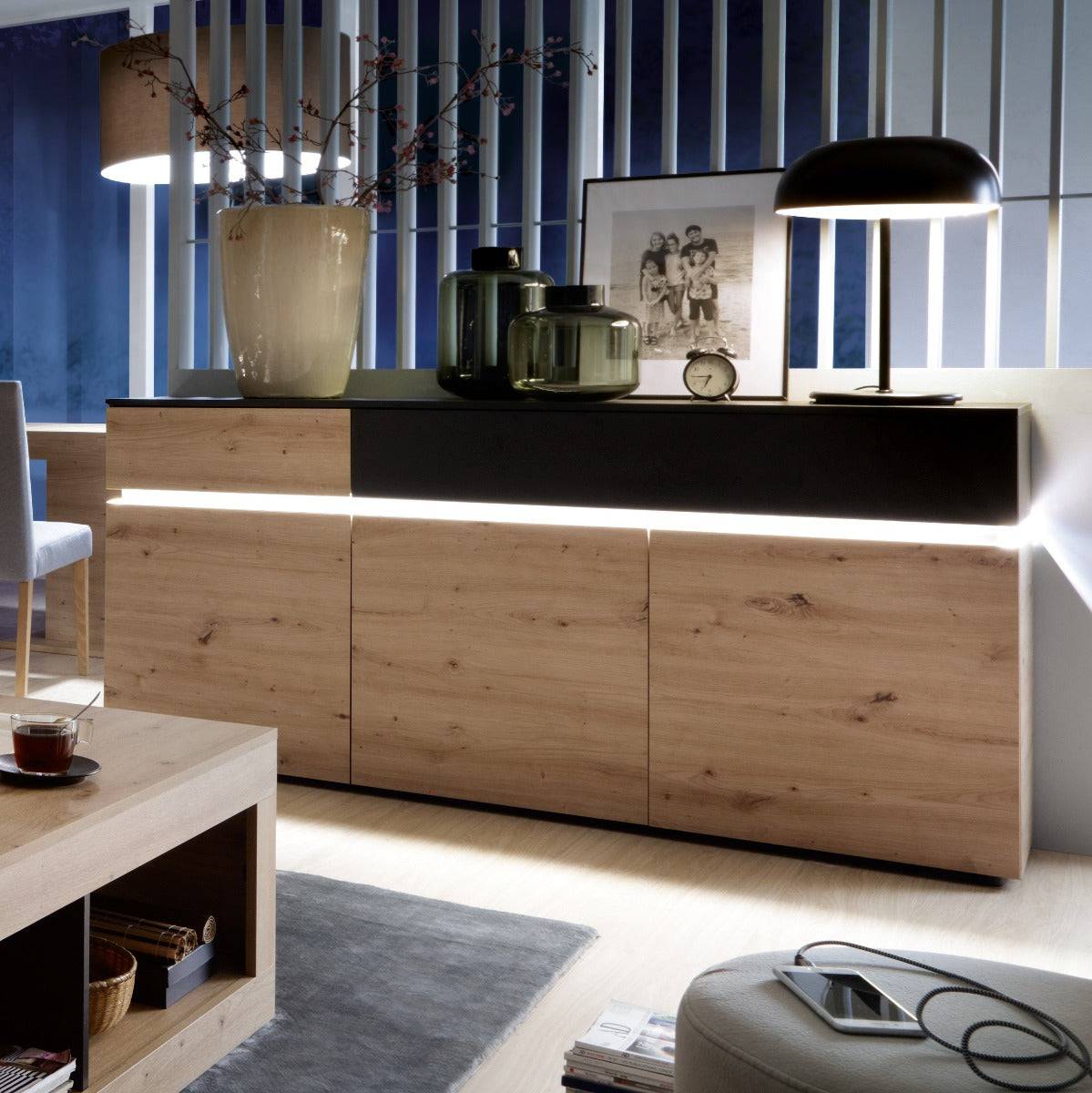 Luci Large 3 Door 2 Drawer Sideboard (including LED lighting) in Platinum and Oak - Price Crash Furniture