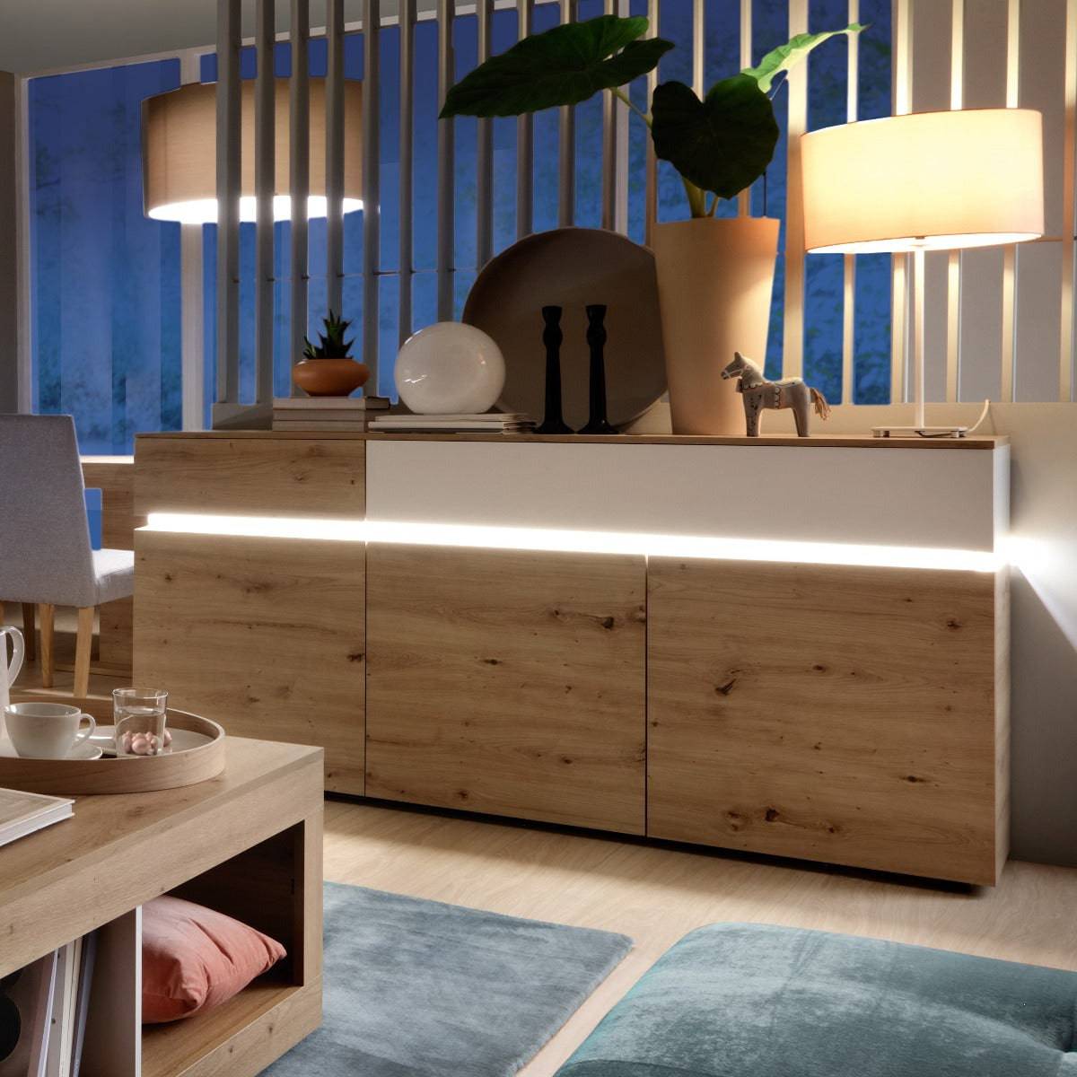 Luci Large 3 Door 2 Drawer Sideboard (including LED lighting) in White and Oak - Price Crash Furniture