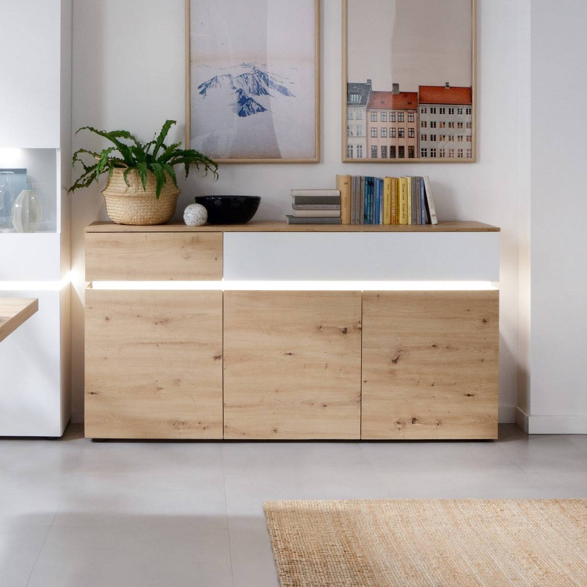 Luci Large 3 Door 2 Drawer Sideboard (including LED lighting) in White and Oak - Price Crash Furniture