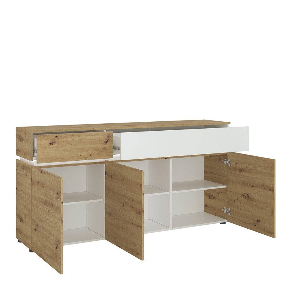 Luci Large 3 Door 2 Drawer Sideboard (including LED lighting) in White and Oak - Price Crash Furniture