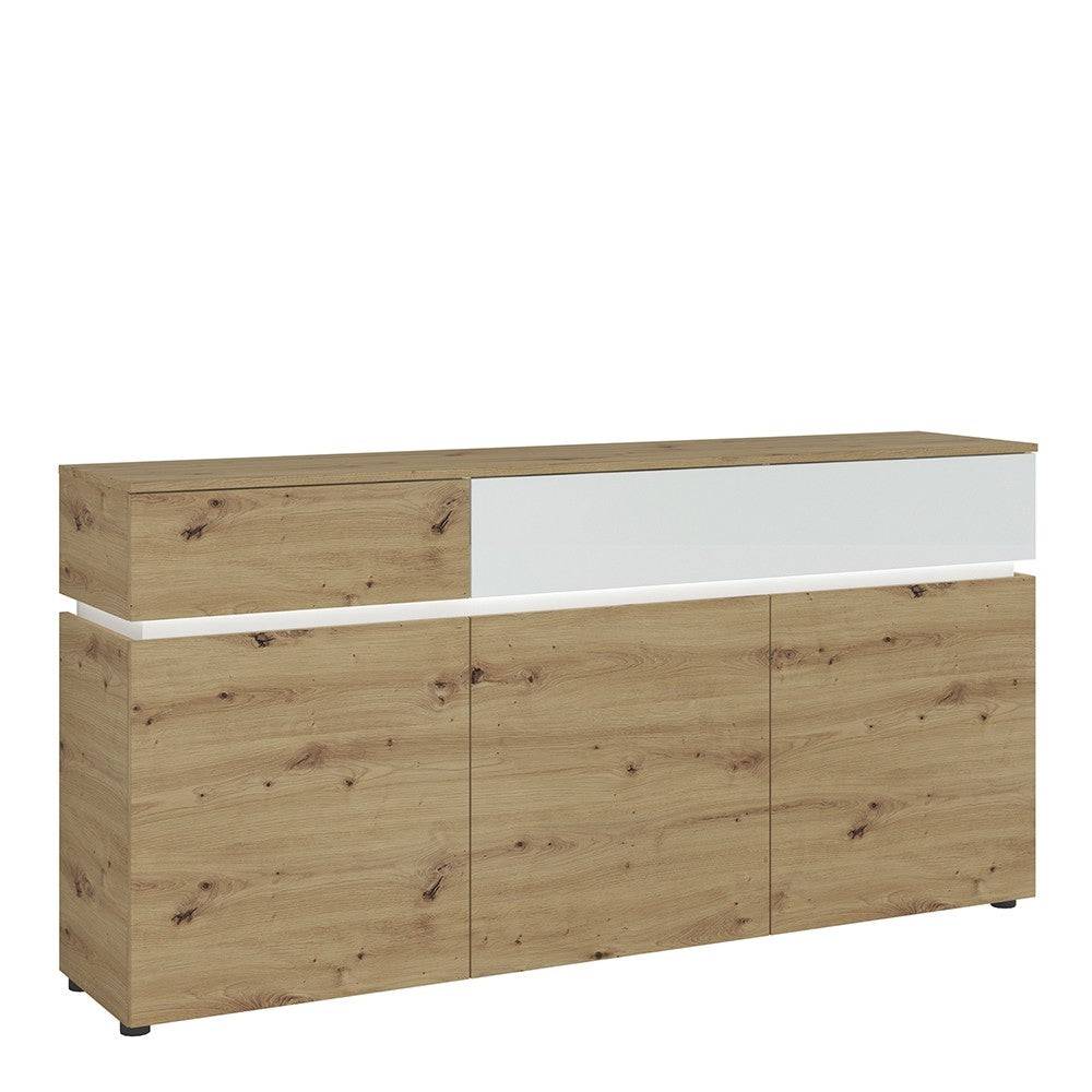 Luci Large 3 Door 2 Drawer Sideboard (including LED lighting) in White and Oak - Price Crash Furniture