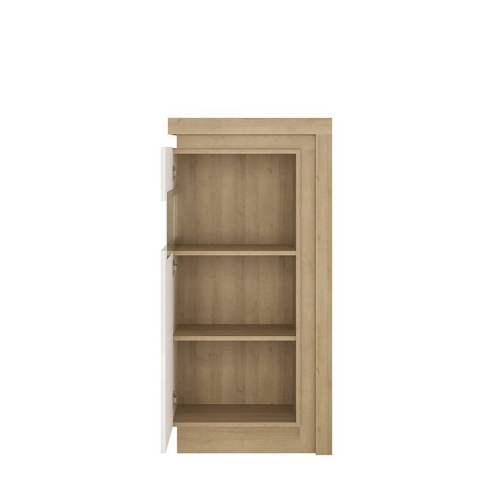 Lyon 124 cm Display Cabinet Narrow (LH) incl LED Lighting in Riviera Oak/White High Gloss - Price Crash Furniture