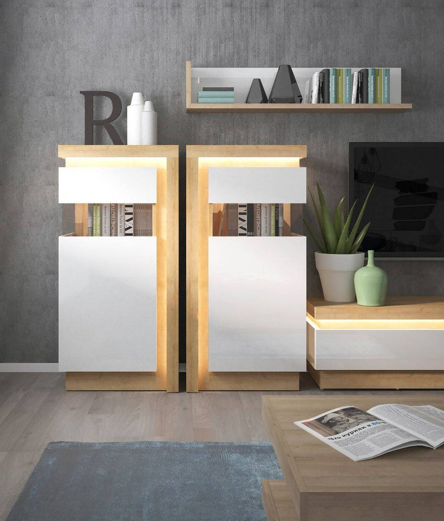 Lyon 124 cm Display Cabinet Narrow (RH) incl LED Lighting in Riviera Oak/White High Gloss - Price Crash Furniture