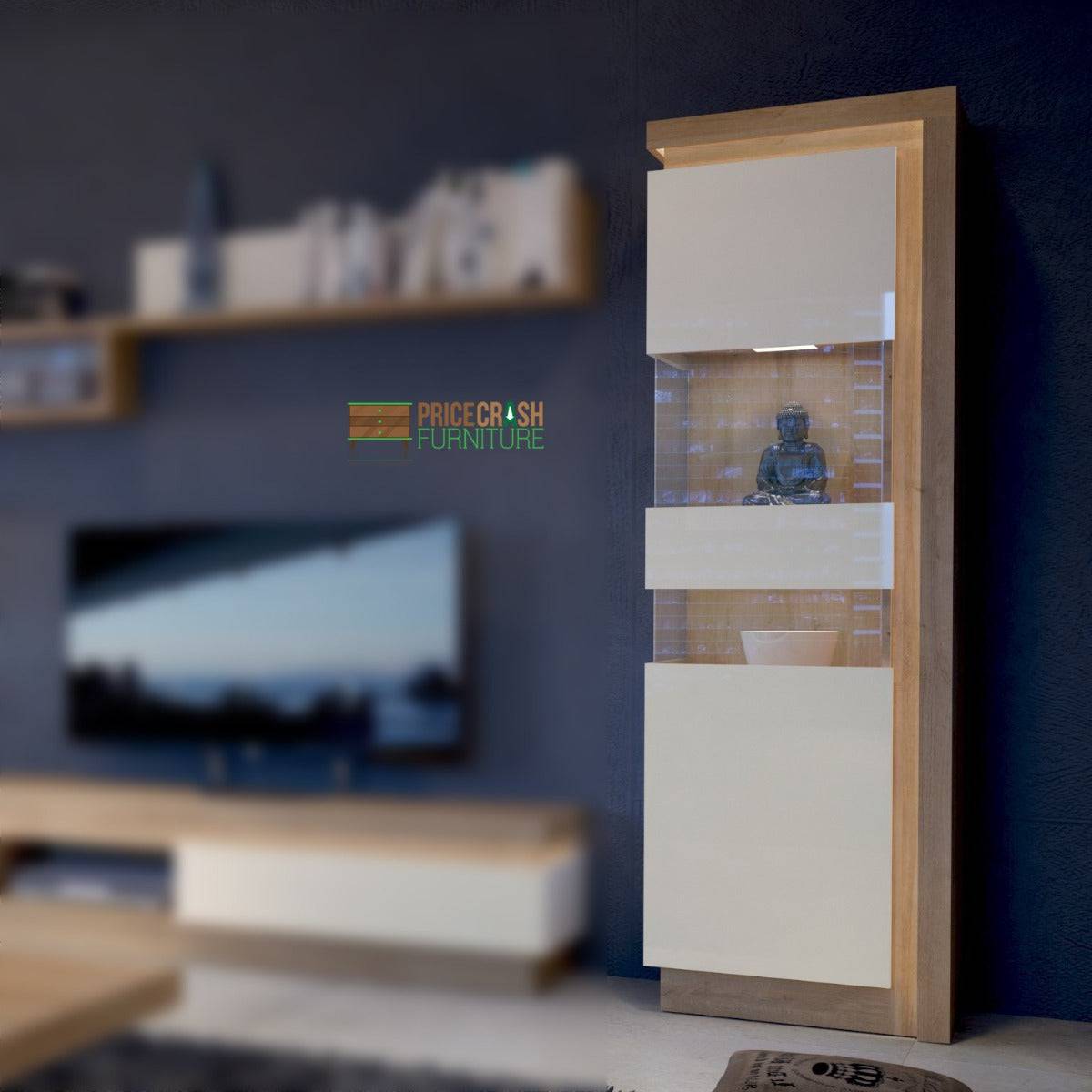 Lyon 198 cm Display Cabinet Narrow (LH) incl LED Lighting in Riviera Oak/White High Gloss - Price Crash Furniture