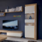 Lyon 198 cm Display Cabinet Narrow (LH) incl LED Lighting in Riviera Oak/White High Gloss - Price Crash Furniture