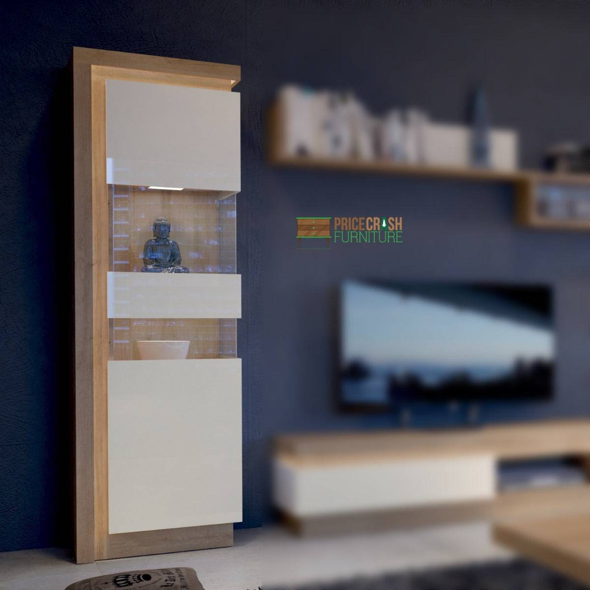 Lyon 198 cm Display Cabinet Narrow (RH) incl LED Lighting in Riviera Oak/White High Gloss - Price Crash Furniture