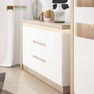 Lyon 2 Door 3 Drawer Sideboard (Incl LED Lighting) Riviera Oak/White High Gloss - Price Crash Furniture