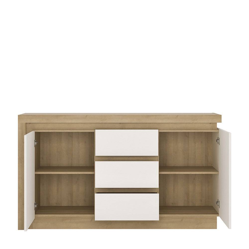 Lyon 2 Door 3 Drawer Sideboard (Incl LED Lighting) Riviera Oak/White High Gloss - Price Crash Furniture