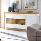 Lyon 3 Door Glazed Sideboard (Incl LED Lighting) Riviera Oak/White High Gloss - Price Crash Furniture