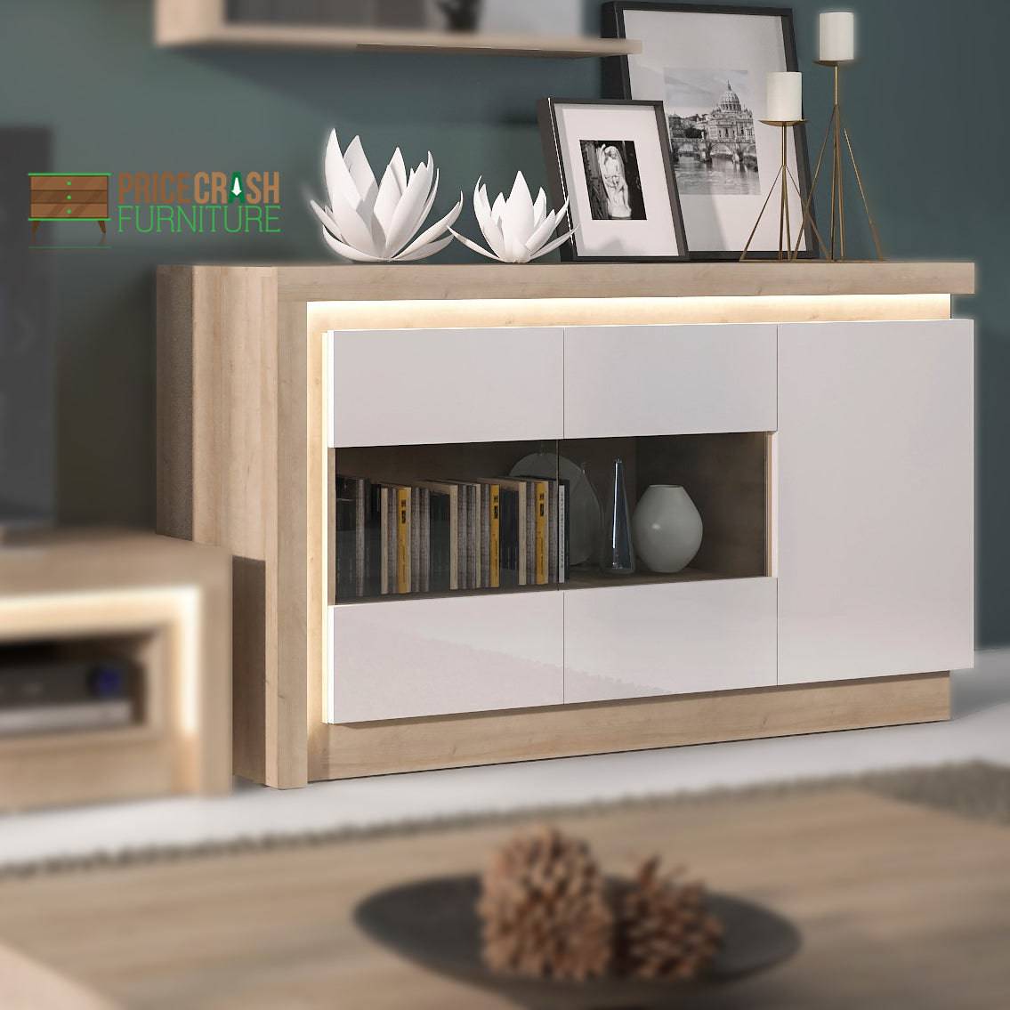 Lyon 3 Door Glazed Sideboard (Incl LED Lighting) Riviera Oak/White High Gloss - Price Crash Furniture