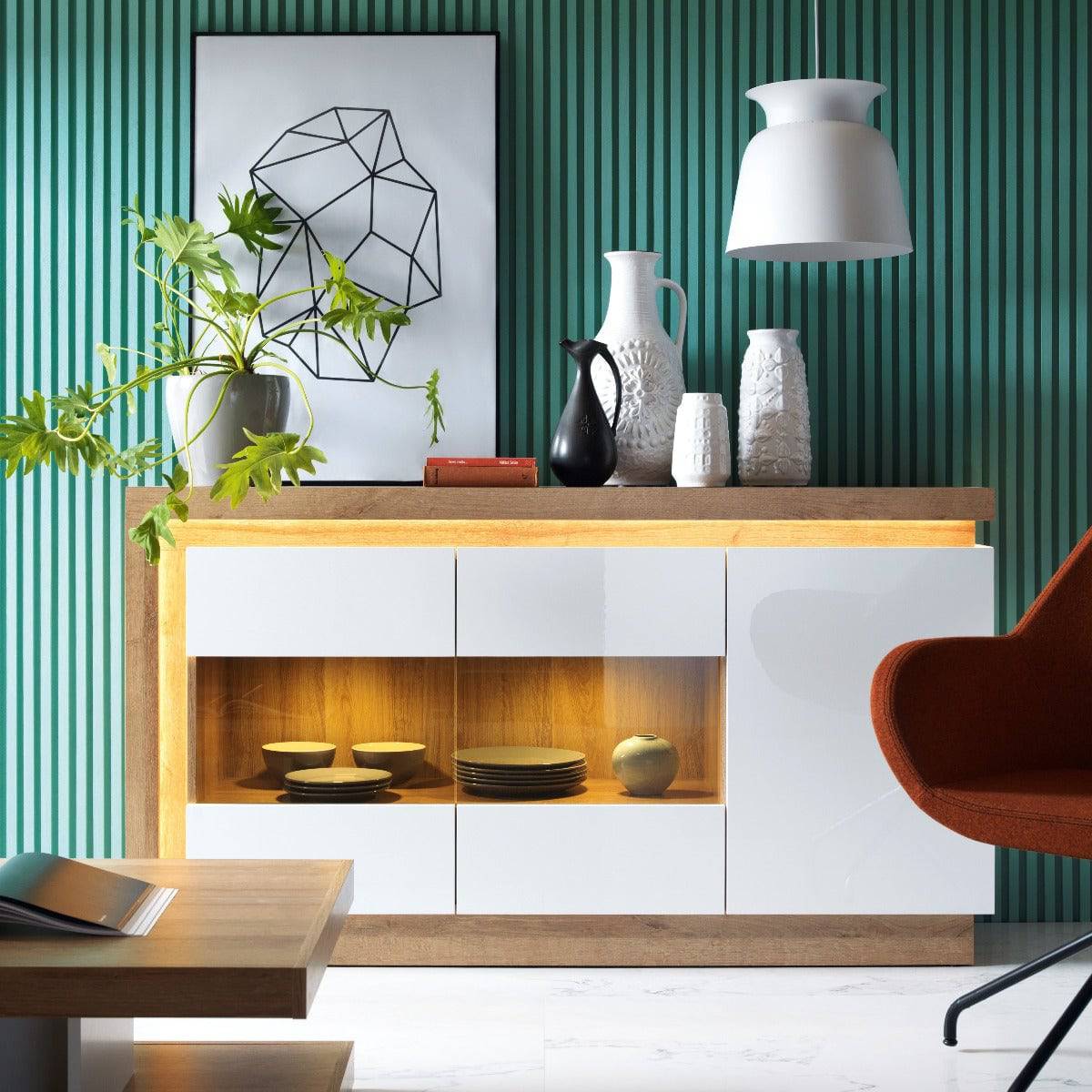 Lyon 3 Door Glazed Sideboard (Incl LED Lighting) Riviera Oak/White High Gloss - Price Crash Furniture