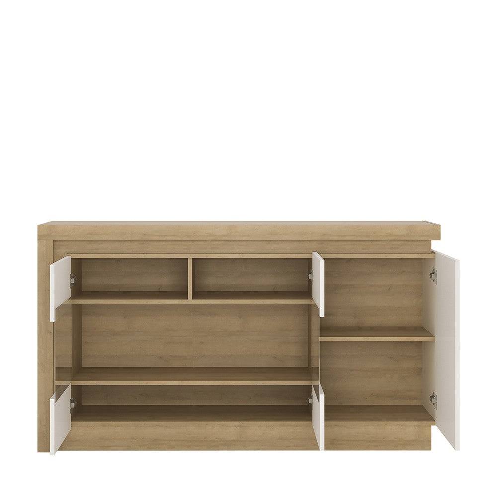 Lyon 3 Door Glazed Sideboard (Incl LED Lighting) Riviera Oak/White High Gloss - Price Crash Furniture