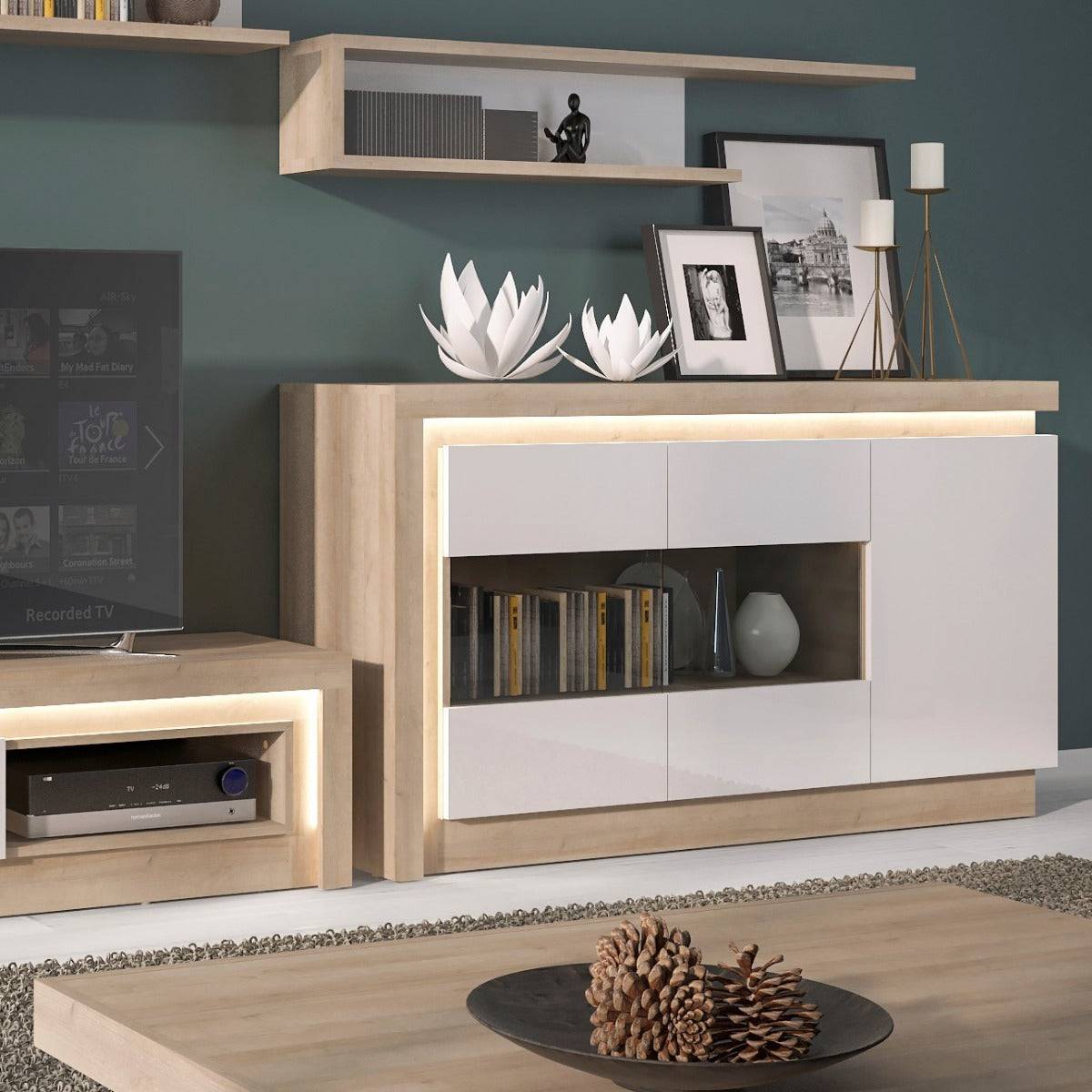 Lyon 3 Door Glazed Sideboard (Incl LED Lighting) Riviera Oak/White High Gloss - Price Crash Furniture