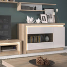 Lyon 3 Door Glazed Sideboard (Incl LED Lighting) Riviera Oak/White High Gloss - Price Crash Furniture