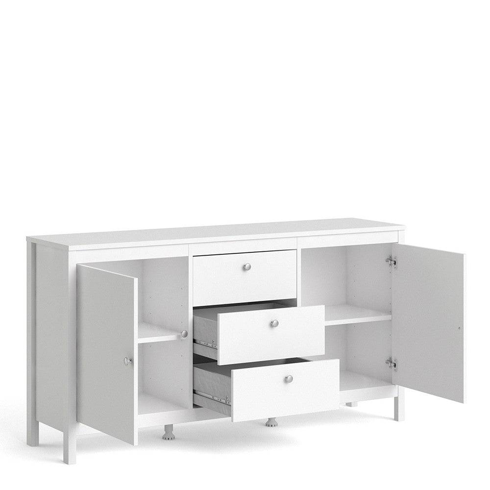 Madrid Large Wide Sideboard Buffet Unit 2 Doors + 3 Drawers in White - Price Crash Furniture