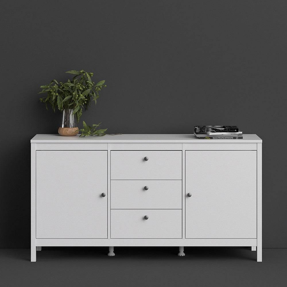 Madrid Large Wide Sideboard Buffet Unit 2 Doors + 3 Drawers in White - Price Crash Furniture