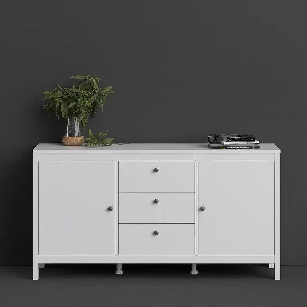 Madrid Large Wide Sideboard Buffet Unit 2 Doors + 3 Drawers in White - Price Crash Furniture