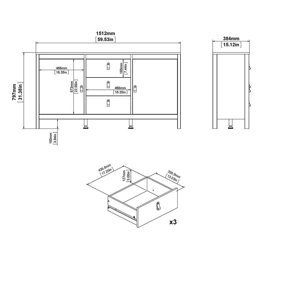 Madrid Large Wide Sideboard Buffet Unit 2 Doors + 3 Drawers in White - Price Crash Furniture