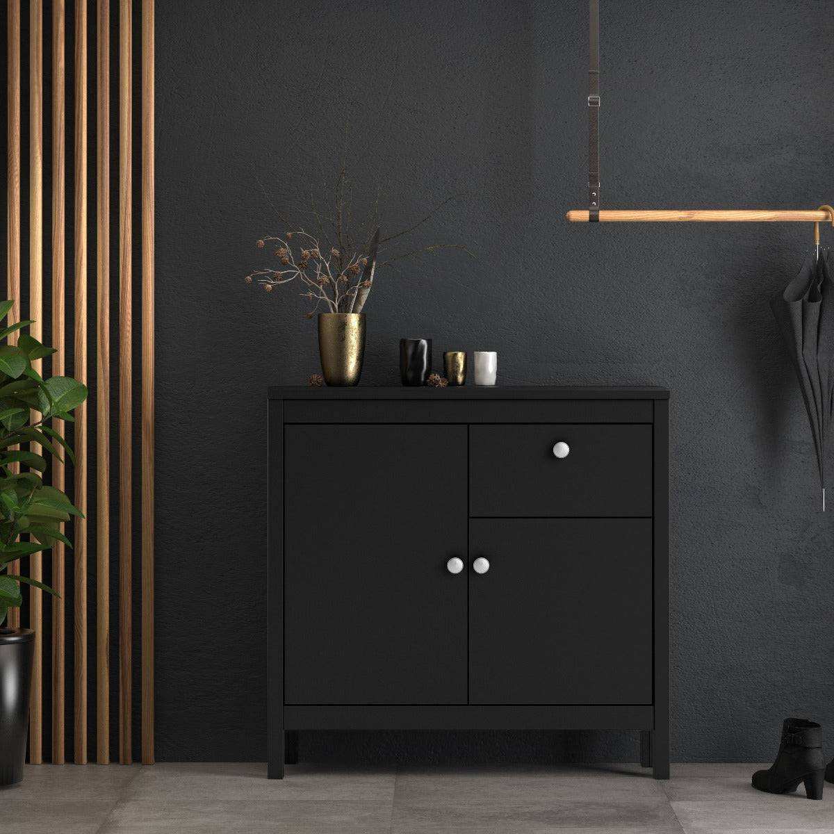 Madrid Small Compact Sideboard Buffet Unit 2 Doors + 1 Drawer in Black - Price Crash Furniture