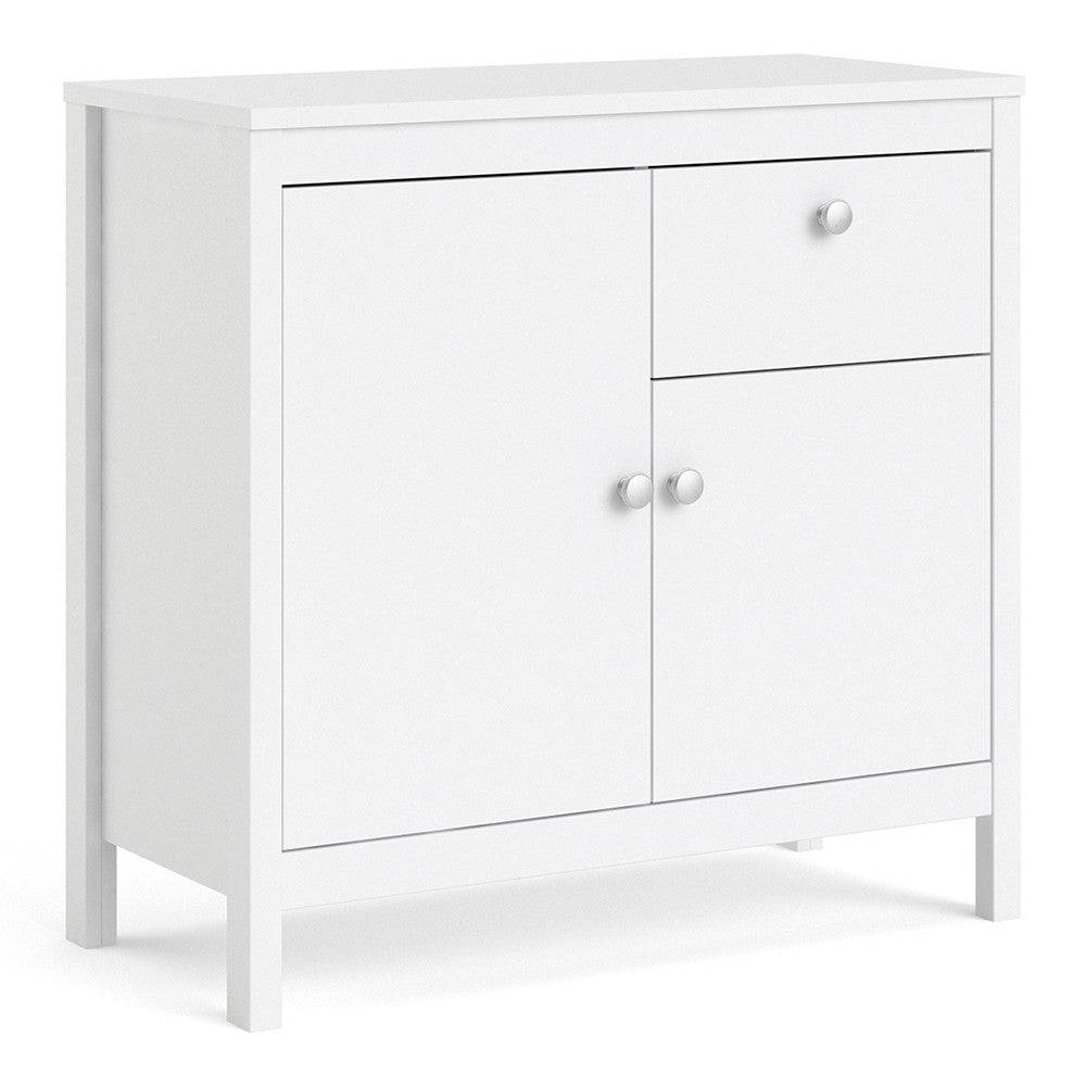 Madrid Small Compact Sideboard Buffet Unit 2 Doors + 1 Drawer in White - Price Crash Furniture