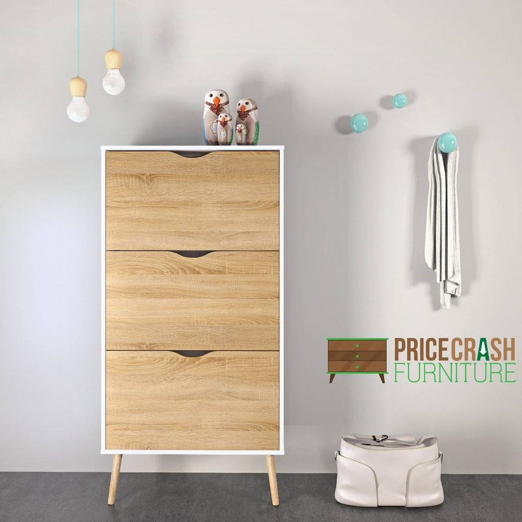 Oslo Shoe Cabinet 3 Drawers in White and Oak - Price Crash Furniture
