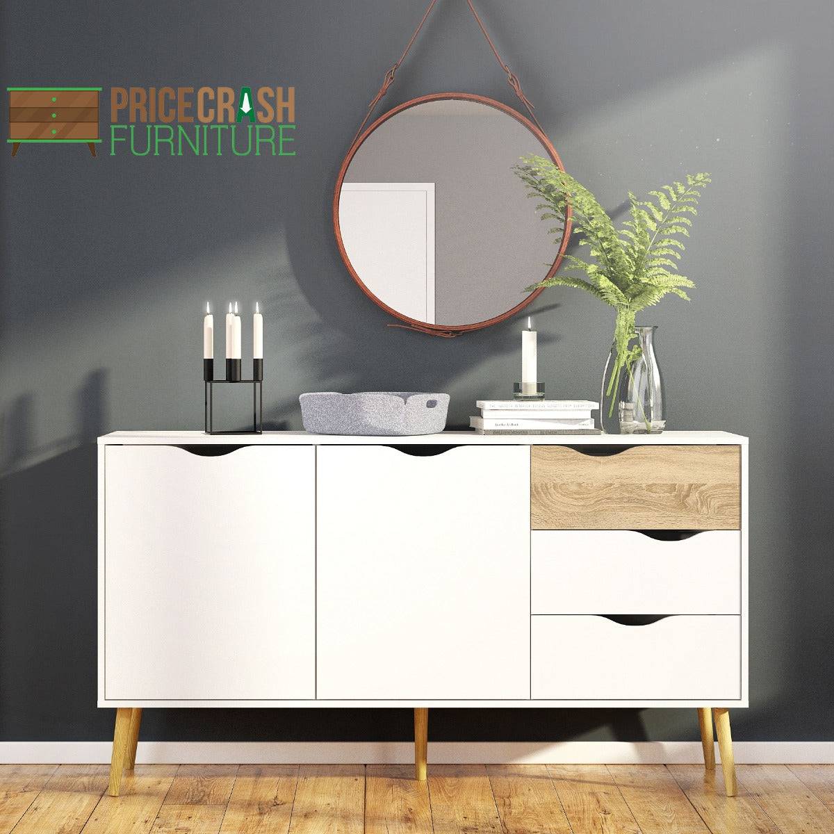 Oslo Sideboard - Large - 3 Drawers 2 Doors In White And Oak - Price Crash Furniture