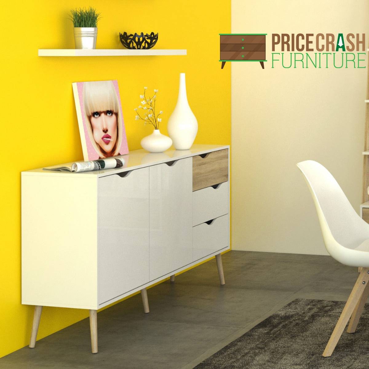 Oslo Sideboard - Large - 3 Drawers 2 Doors In White And Oak - Price Crash Furniture