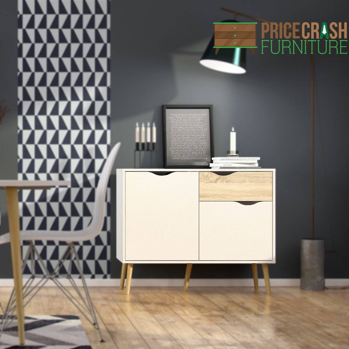 Oslo Sideboard - Small - 1 Drawer 2 Doors In White And Oak - Price Crash Furniture