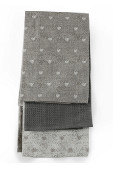 Pack of 3 Kitchen Tea Towels With A Grey Heart Print Design - Price Crash Furniture