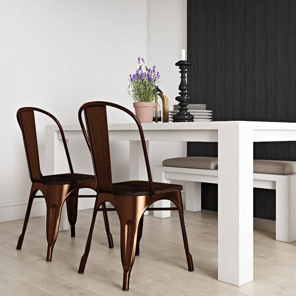 Pair of Fusion Metal Dining Chairs with Wood Seat in Antique Bronze by Dorel - Price Crash Furniture