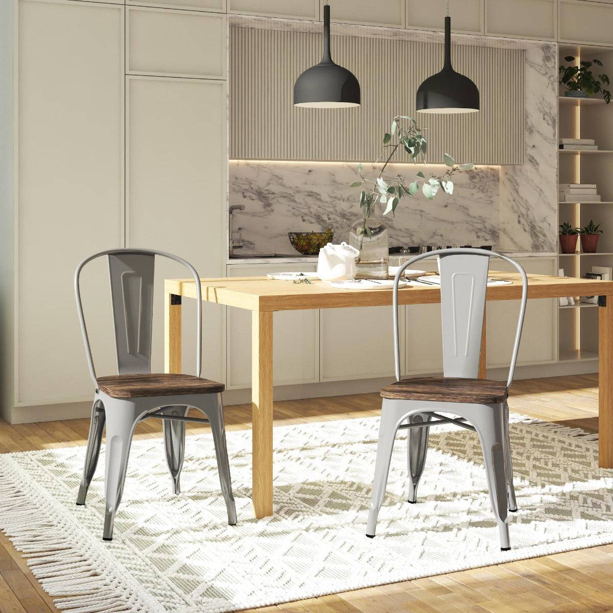 Pair of Fusion Metal Dining Chairs with Wood Seat in Silver by Dorel - Price Crash Furniture