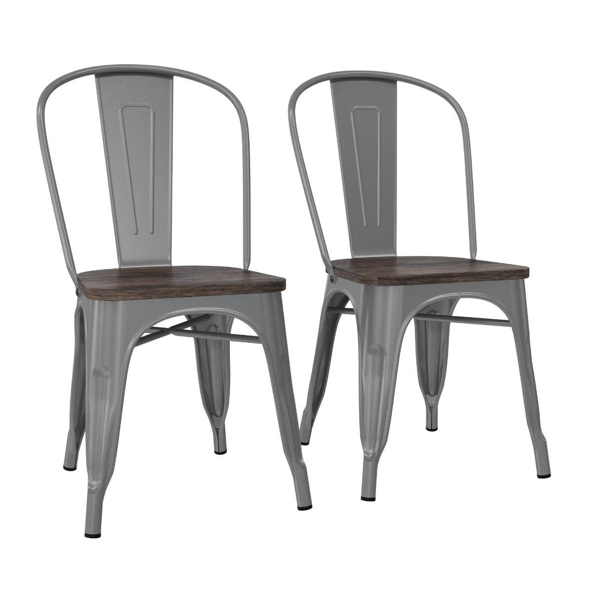 Pair of Fusion Metal Dining Chairs with Wood Seat in Silver by Dorel - Price Crash Furniture