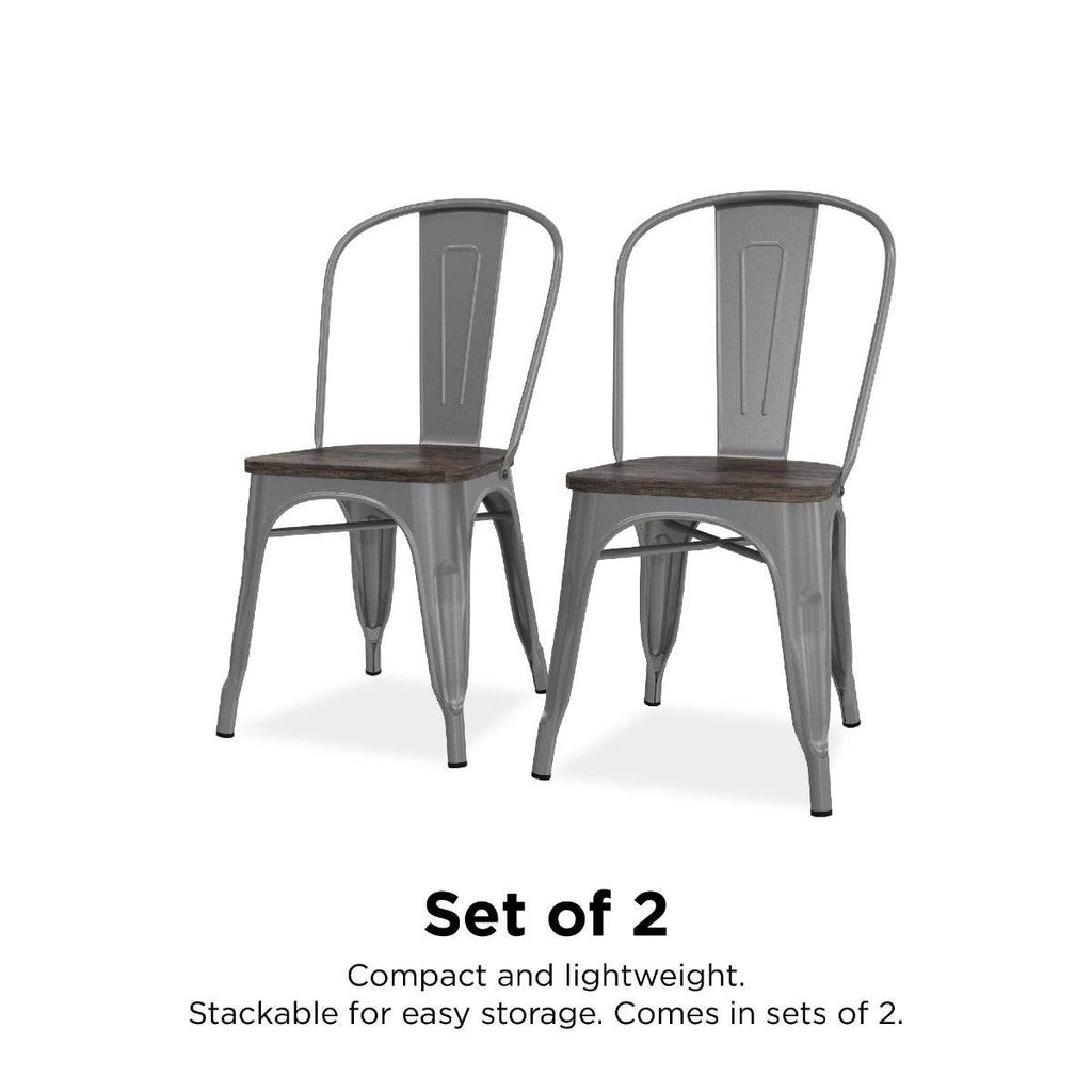 Pair of Fusion Metal Dining Chairs with Wood Seat in Silver by Dorel - Price Crash Furniture