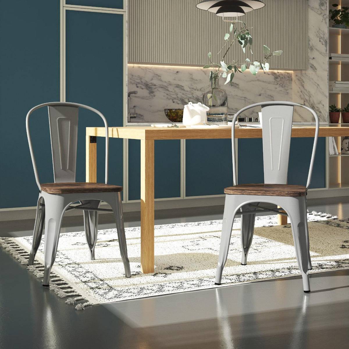 Pair of Fusion Metal Dining Chairs with Wood Seat in Silver by Dorel - Price Crash Furniture