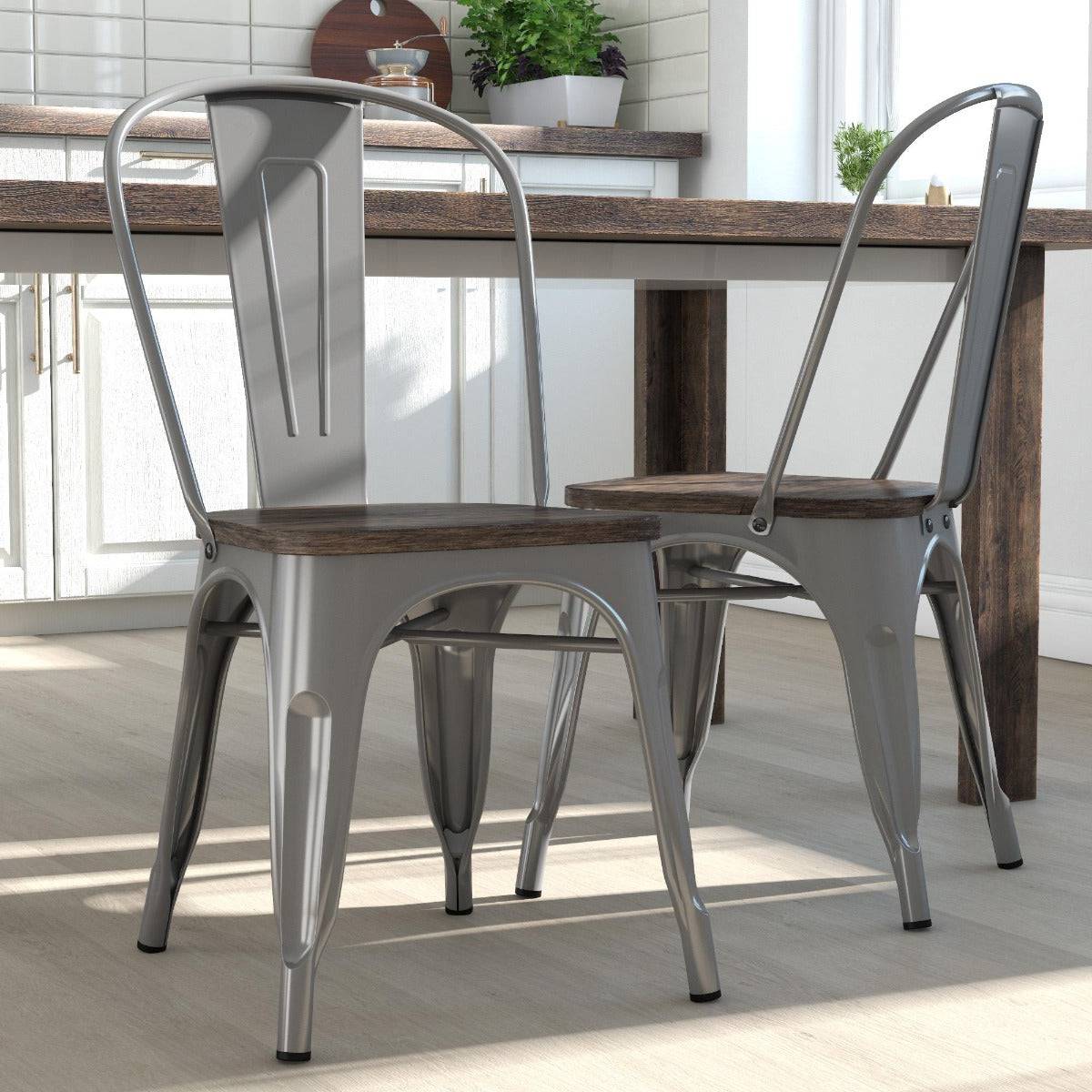 Pair of Fusion Metal Dining Chairs with Wood Seat in Silver by Dorel - Price Crash Furniture