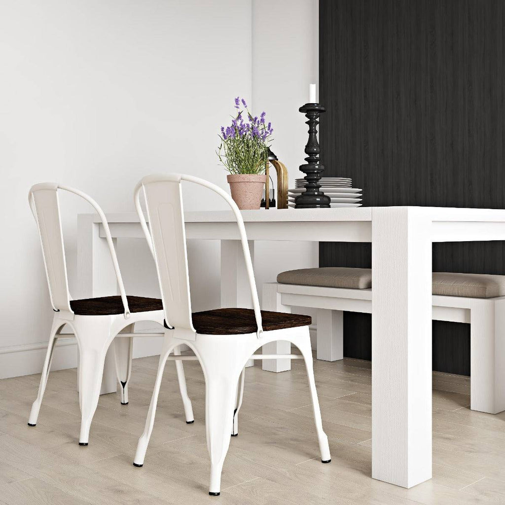 Pair of Fusion Metal Dining Chairs with Wood Seat in White by Dorel - Price Crash Furniture