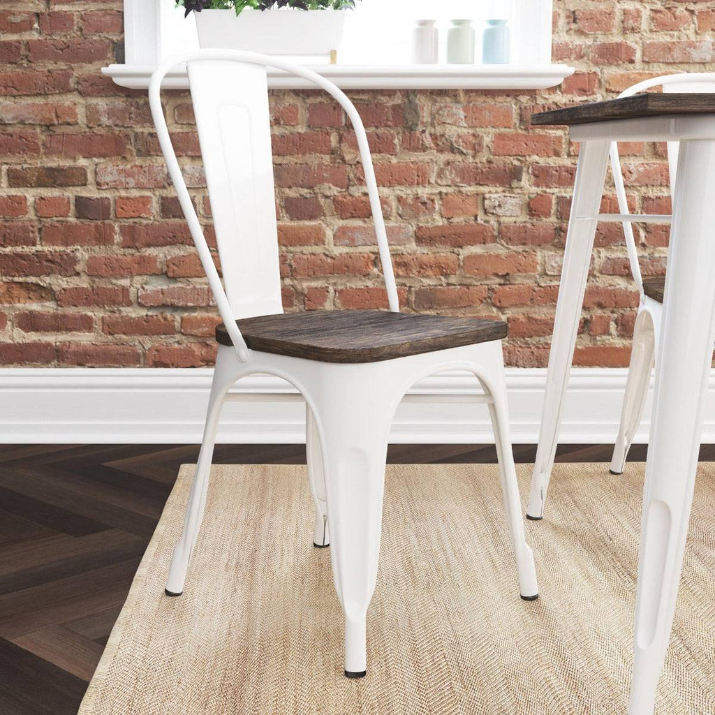 Pair of Fusion Metal Dining Chairs with Wood Seat in White by Dorel - Price Crash Furniture