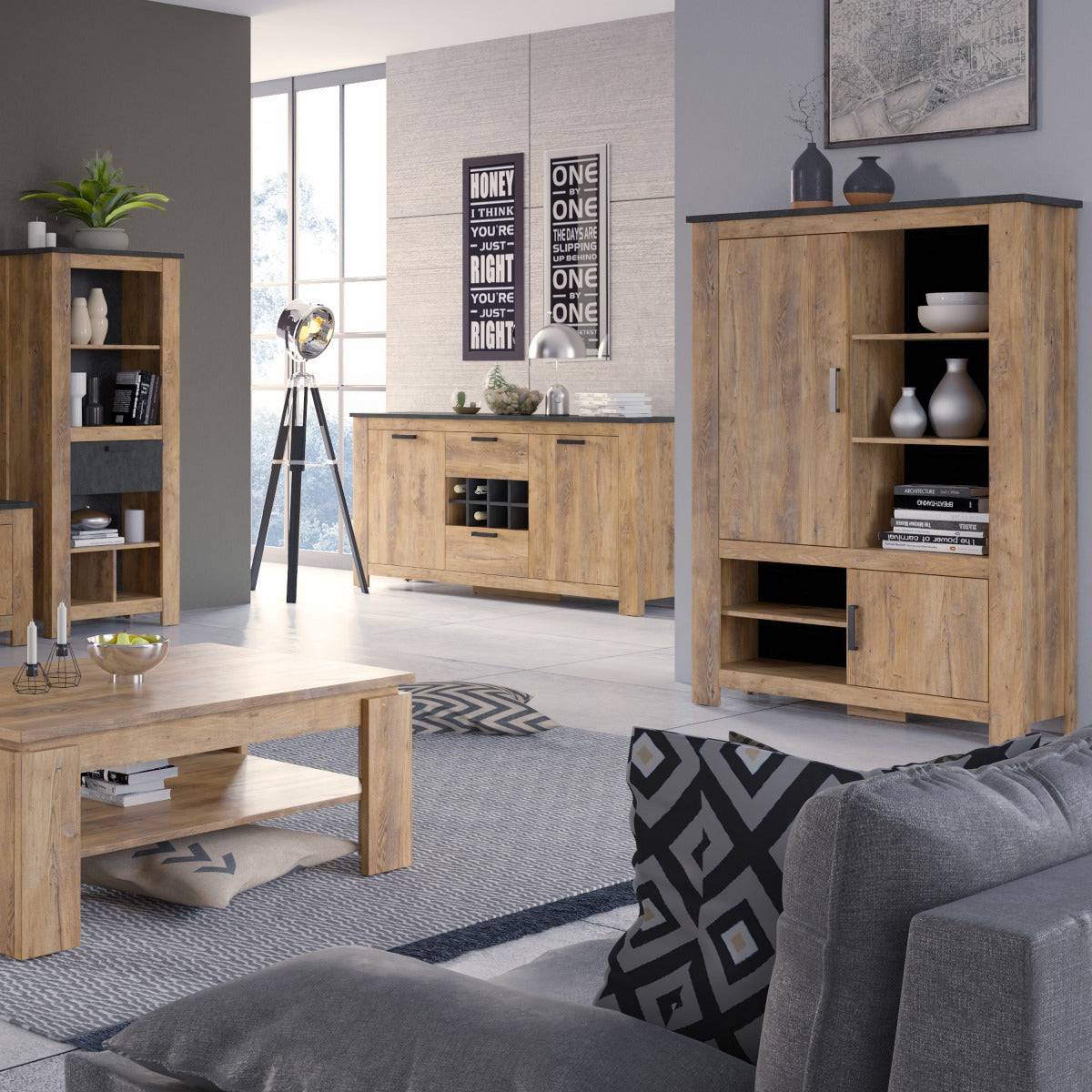 Rapallo 2 Door 2 Drawer Sideboard with Wine Rack in Chestnut and Matera Grey - Price Crash Furniture