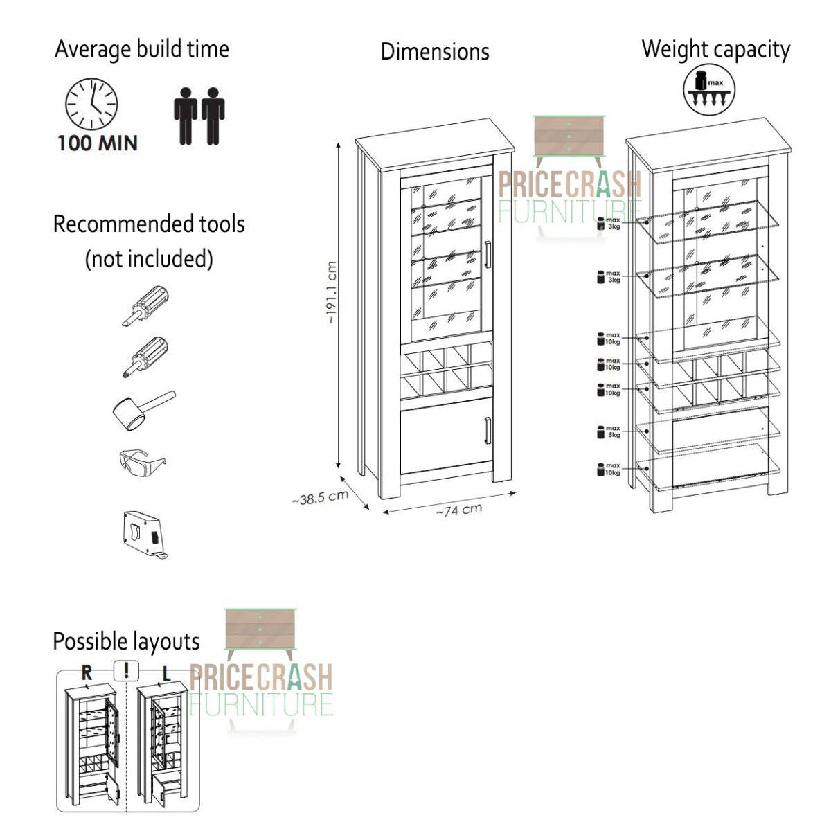 Rapallo 2 Door Display Cabinet with Wine Rack in Chestnut and Matera Grey - Price Crash Furniture